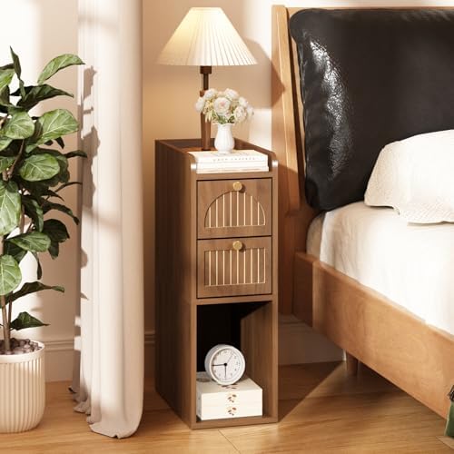 7.87" Narrow Nightstand, Fluted Slim Bedside Table with 2 Drawers, Mid Century Modern Small End Table with Gold Metal Handles, for Bedroom, Living Room & Small Spaces - Walnut