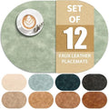 ADRIMER Oval Placemats Set of 12, Wipeable Faux Leather, Green