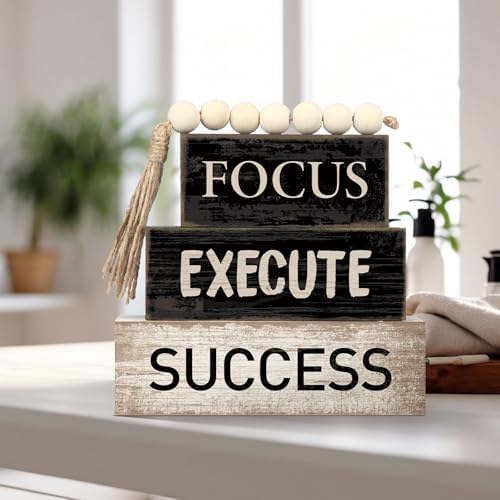 Yuntau 4 Pcs Motivational Desk Decor Wood Block Signs Focus Execute Success