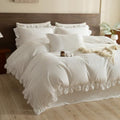 3PCs Washed Cotton Striped Ruffle Duvet Cover Set Queen Size,White Dark Grey Wide Stripes Ruffled Bedding Quilt Cover Extra Soft Lightweight Farmhouse Chic Comforter Cover Set with Pillow Shams