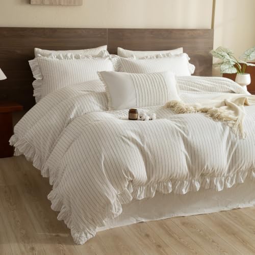 3PCs Washed Cotton Striped Ruffle Duvet Cover Set Queen Size,White Dark Grey Wide Stripes Ruffled Bedding Quilt Cover Extra Soft Lightweight Farmhouse Chic Comforter Cover Set with Pillow Shams