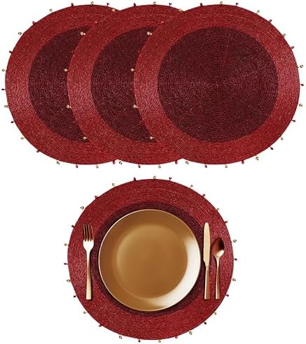 COTTON CRAFT Glitz Handmade Beaded Charger Placemat - 4 Pack Red with Bells