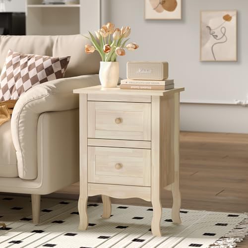 VINGLI Unfinished Solid Wood Nightstand for Color DIY, Small Nightstand for Bedroom, Natural Wood Night Stand with Drawers, Light Wood Night Stand, Real Wooden Bed Side Table/End Table