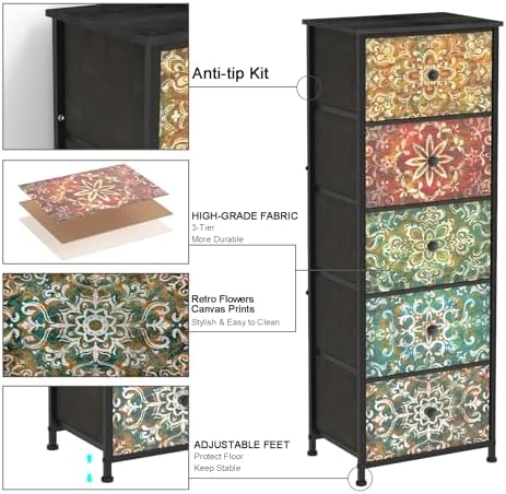 GiftGo Retro Dresser with Fabric Drawers Boho Mandala Flower Chest of Drawers Narrow Storage Tower for Small Spaces Gaps Bedroom Beautiful Nightstand Living Room Table (Mandala, 5 Drawers)