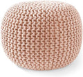 Casafield Round Pouf Ottoman, Light Pink - 20" Diameter x 14.5" High Cotton Knit Foot Stool - Boho Floor Pouffe for Living Room, Bedroom, Home Office