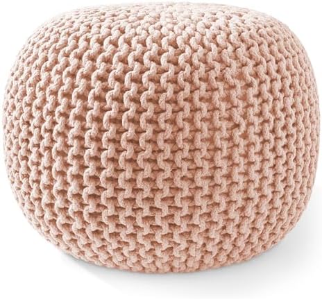 Casafield Round Pouf Ottoman, Light Pink - 20" Diameter x 14.5" High Cotton Knit Foot Stool - Boho Floor Pouffe for Living Room, Bedroom, Home Office