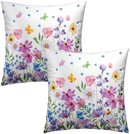 Watercolor Floral Pillow Covers 24x24 Inches Set of 2 Spring Summer Wildflower Butterfly Cotton Cushion Covers for Home Home Sofa Couch
