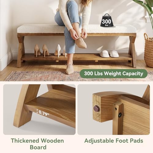 Solid Wood Shoe Bench with Cushion Padded Seat, 55-Inch Farmhouse Entryway Bench Shoe Rack Organizer with X-Shaped Legs for Hallway, Living Room, Closet