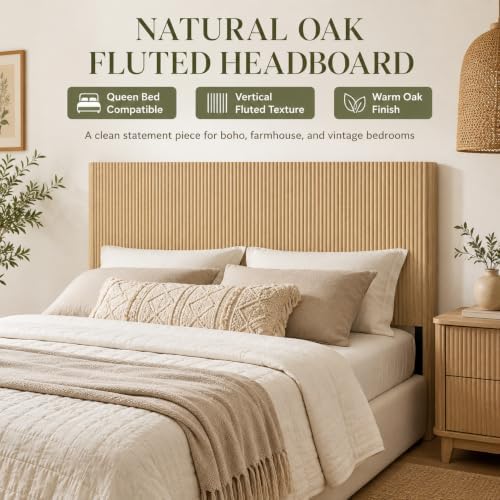 Queen Size Fluted Headboard Only, Boho Head Boards Queen with Arched Corrugated, Wood Head Board for Full/Queen Bed Frames,Rustic & Modern Farmhouse, Oak