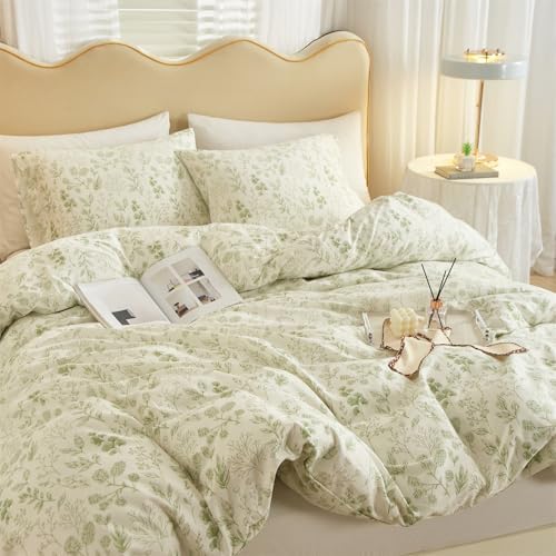 mixinni 3pcs Girls Boho Green Floral Duvet Cover Set Queen Size Cotton Soft Aesthetic Cute Flowers Leaves Pattern Bedding Comforter Cover, 1 Queen Duvet Cover with 2 Pillowcases for All Seasons
