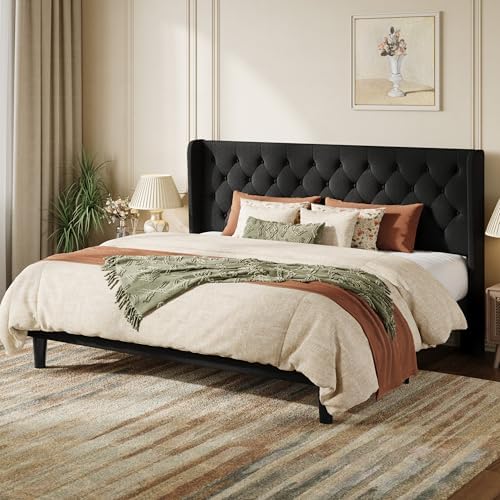 SHA CERLIN King Upholstered Bed Frame, Button Tufted Design, Black