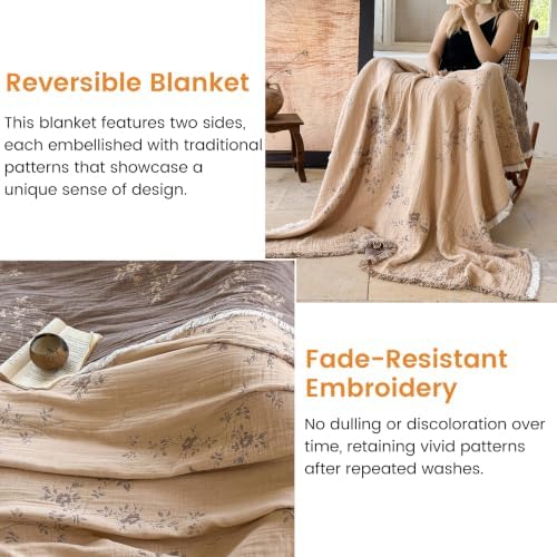 FALUCA Muslin Cotton Throw Blanket Boho Floral Jacquard with Fringe, 104 * 90 Wild Rose Pattern, Reversible Soft Breathable Cover for Couch Sofa Bedroom Vintage Farmhouse Home Decorative, Clay&Brown