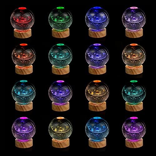 3D Solar System Crystal Ball Night Light with 16 Color LED Wooden Base, Upgraded 3.15 Inch Galaxy Planets Glass Ball Lamps with Remote for Birthday Christmas, Astronomy Space Gifts for Boys Girls