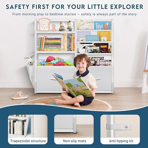LOFTEY Kids Bookshelf and Toy Storage, Toy Box with Bookshelf, White