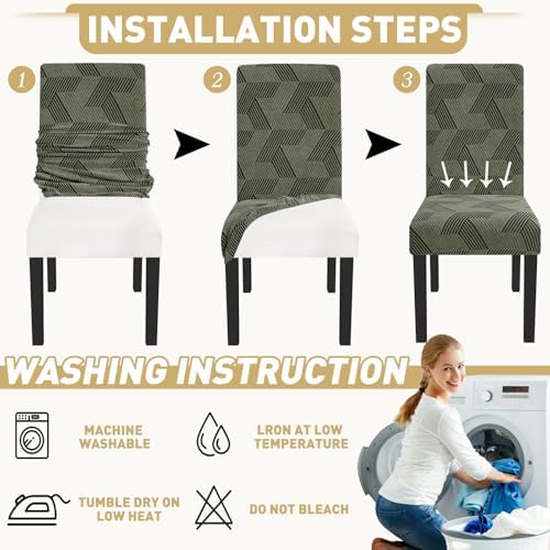 JIVINER Stretch Dining Chair Slipcovers Set of 2, Geometrical Jacquard Dining Chair Covers, Washable Kitchen Chair Covers for Dining Room, Hotel, Party, Army Green