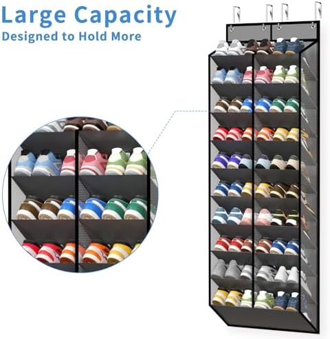 KEEPJOY 20-30 Pairs Grey Over the Door Shoe Organizer, Mesh Hanging Shoe Rack for Door Storage with 20 Wide Deep Pockets,10-Tier Door Shoe Holder Fits Sneakers, Boots.