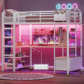 Twin Size Gaming Loft Bed with Desk, 4 Fabric Drawers, RGB LED Lights & Under-Bed Play Zone with Soft Padded 2-Step Ladder, Space-Saving Bed for Kids, Teens (White, L-Shape Desk)