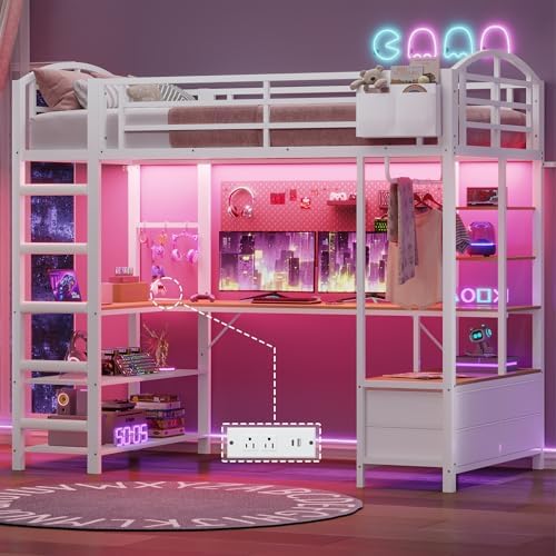 Twin Size Gaming Loft Bed with Desk, 4 Fabric Drawers, RGB LED Lights & Under-Bed Play Zone with Soft Padded 2-Step Ladder, Space-Saving Bed for Kids, Teens (White, L-Shape Desk)