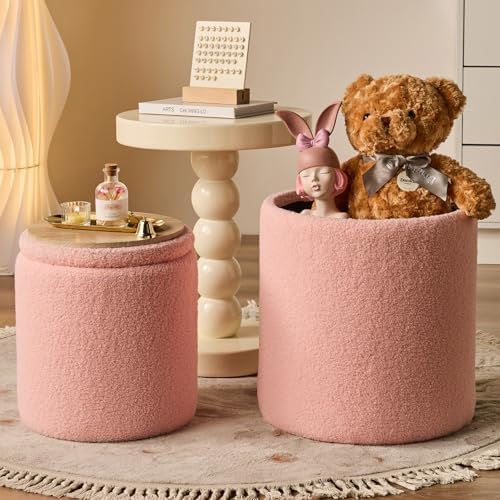 BLEXA Set of 2 Round Storage Ottoman, Pink Sherpa Ottoman with Storage