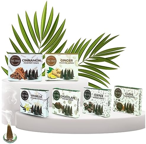 TRUMIRI Gourmet Incense Cones - Variety Pack - Total 60 Cone Incense (6 Scents x 10 Conos) - Vanilla, Cinnamon, Coffee, Chocolate, Clove, Ginger - Cone Incense Scents - Insense Cones - Incent Cone