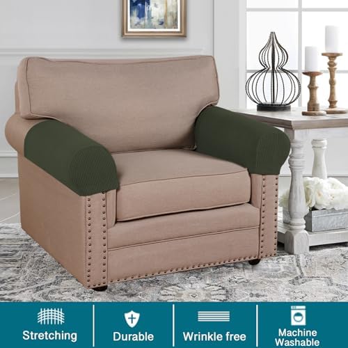 Turquoize Stretch Armrest Covers for Chairs and Sofas Couch Arm Covers for Sofa Spandex Jacquard Armrest Cover Anti-Slip Furniture Protector Armchair Slipcovers for Recliner Set of 2, Olive