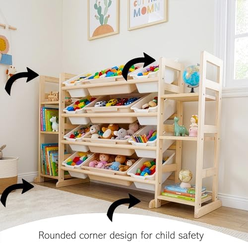 Amdermi Kids Toy Storage Organizer, 52 Inch White 6-Shelf Bookcase with 12 Bins, Cubby Toy Organizer for Toddler Playroom, Bedroom, Nursery