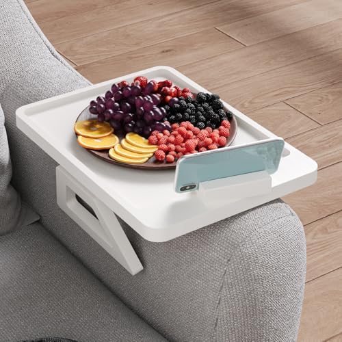 Couch Arm Tray with 360°Phone,Bamboo Folding Sofa Tray,Sofa Armrest Trays Clip-On Couch Desk for Drinks,Snacks,Phone,Remote Control（White）
