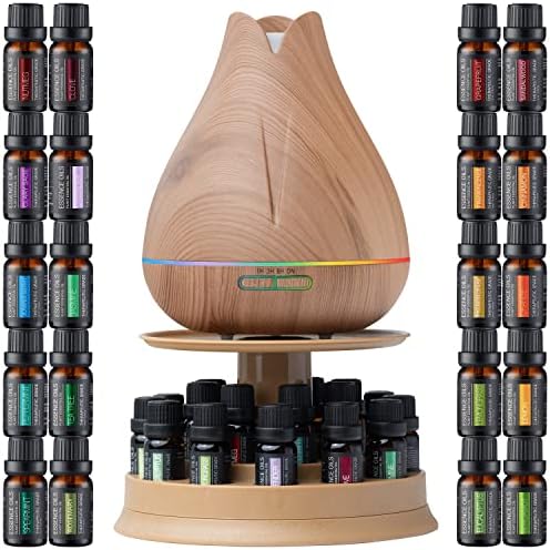 Aromatherapy Essential Oil Diffuser Gift Set with 20 Oils and Rotating Display Stand - 400ml Ultrasonic Diffuser with 20 Essential Plant Oils - 4 Timer & 7 Ambient Light Settings