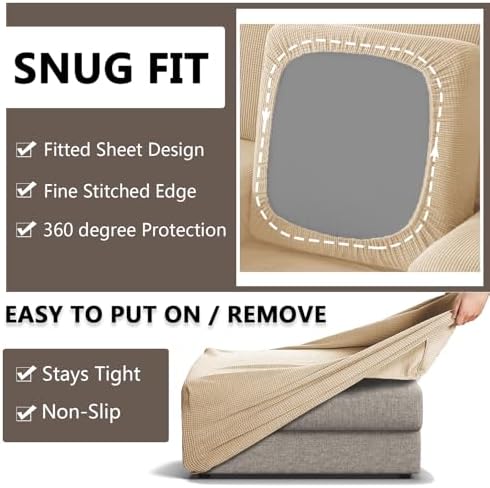 3 Piece Stretch Matching Chair and Ottoman Slipcover Set, Jacquard Arm Chair/Ottoman/Fitted Seat Covers, Non-Slip Accent Armchair and Foot Stool Slip Cover (Beige,3 Pieces Set)