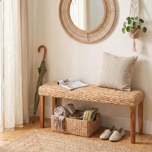 Indoor Wicker Bench 47" Solid Wood Acacia & Natural Woven Seat, Natural Leg