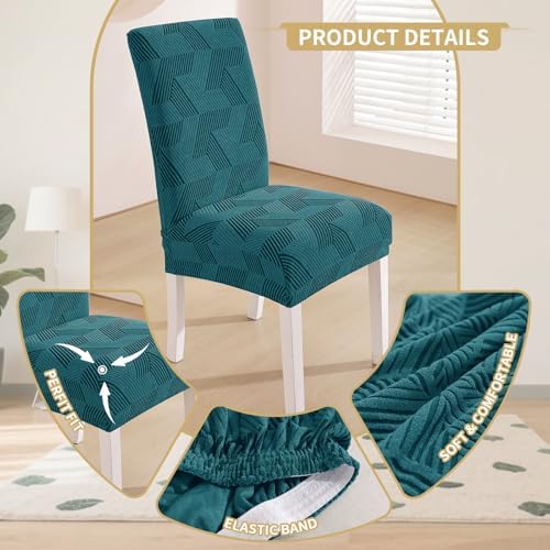 JIVINER Stretch Dining Chair Slipcovers Set of 2, Geometrical Jacquard Dining Chair Covers, Washable Kitchen Chair Covers for Dining Room, Hotel, Party, Peacock Blue