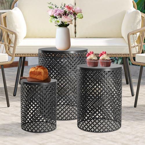 Metal Frame Accent Table,Cylindrical Outdoor Side Table,Decorative Garden Stool,Set of 3 Nesting Side Table,Modern Decorative Garden Stool for Patio Balconies Cafes Parks (3, Black)