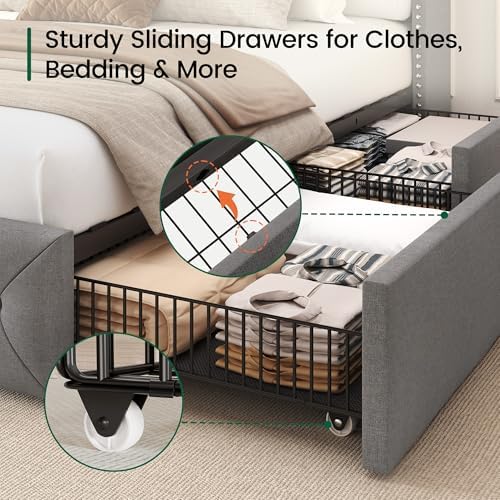 LARMACE Queen Size Bed Frame with LED Lights and 4 Storage Drawers Linen Upholstered Platform Bed Frame with 47.2" Tall Tufted Headboard Wingback, No Box Spring Needed, Easy to Assemble, Grey