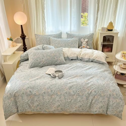 Blue Floral Cotton Duvet Cover King Size 3 Pcs,100% Cotton Duvet Cover with 2 Pillowcases,Rustic Aesthetic Breathable Soft Comfy Comforter Covers King 104"×90"