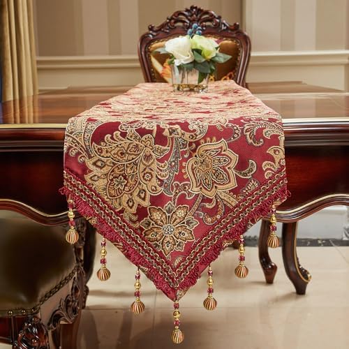 Luxury Vintage Table Runner 48 inches Long Embroidery Jacquard Fabric with Multi-Tassels Table Runners for Dining Room Dresser Wedding Christmas Thanksgiving Party Decorations (Red, 12X48inch)