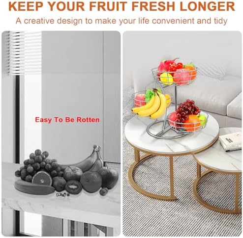 Livabber Fruit Basket Bowl with Banana Hanger, Fruit Vegetable Storage Basket with Banana Tree Holder for Kitchen Counter, Detachable Organizer for Bread Snack Produce (Chrome, 3-Tier Metal Base)