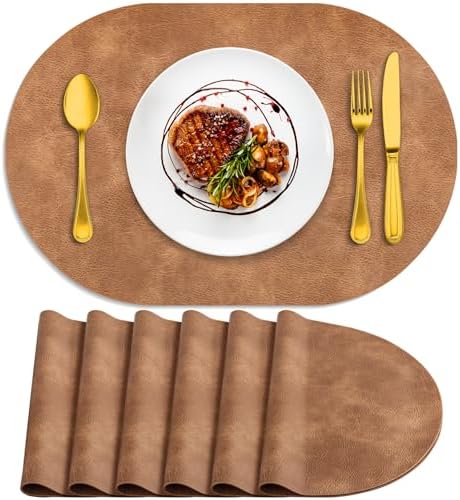 ADRIMER Oval Placemats Set of 6, Wipeable Faux Leather, Sandy Light Brown
