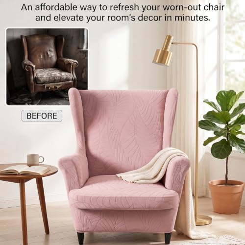 2 Piece Wingback Chair Cover Stretch Jacquard Wing Back Chair Slipcover with Armrest Washable Furniture Protector for Armchair Living Room Bedroom