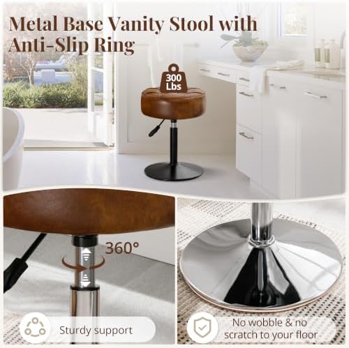 LUE BONA Adjustable Vanity Stool, 360°Swivel Vanity Chair for Makeup Room, Brown Stool Chair for Vanity, Small Faux Leather Vanity Stools for Bathroom, Living Room