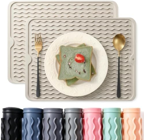 2 Pack Caketime Silicone Dish Drying Mat for Kitchen Counter Dining Placemats Shower Caddy Refrigerator Liners Essentials Heat Resistant Waterproof Trivets Pad Coffee Bar Items 15"x11.5" Milk