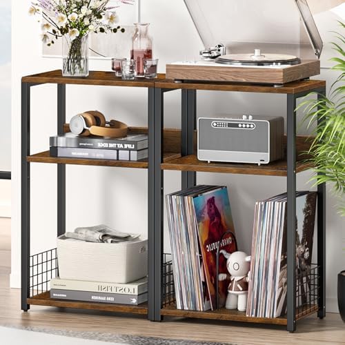 LELELINKY Large Brown Record Player Stand, 3 Tier 18" Wide Big End Table with Vinyl Storage Up to 130 Albums, Industrial Turntable Printer Tables, Modern Side Tables for Living Room, Bedroom, Office