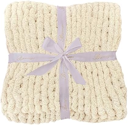 Bigacogo Chunky Knit Throw Blanket for Couch, 40x40 inches, Beige