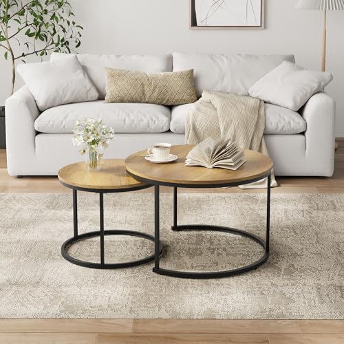 Smuxee Nesting Coffee Table Set of 2, 27.6" Round Coffee Table Wood Grain Top with Adjustable Non-Slip Feet, Industrial End Table Side Tables for Living Room Bedroom Balcony Yard