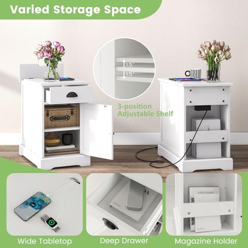 GIANTEX Nightstand with Charging Station Set of 2, Flip Top End Table w/USB Ports & Outlets, Side Table w/Storage Drawer, Magazine Rack, Adjustable Shelf, Narrow Bedside Tables for Small Space, White