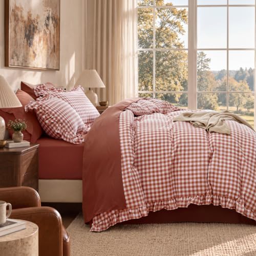 Bedsure Gingham Ruffle Duvet Cover Set, King, Cotton-Like Bed, Terracotta