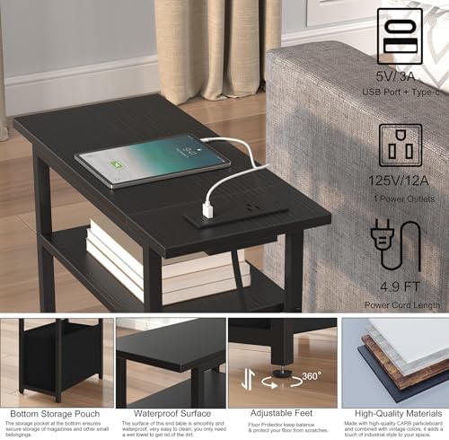 sthmec Narrow Side Table with Charging Station, Small End Table for Small Spaces, Skinny Nightstands with Storage Basket, 3 Tier Sofa Couch Bedside Tables for Living Room,Bedroom, Black