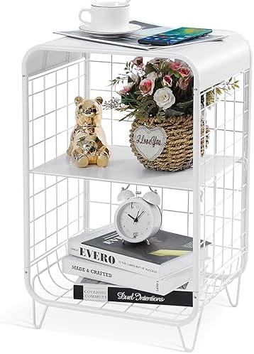 APEXCHASER Cute Nightstand,3 Tier Metal Side Table,White
