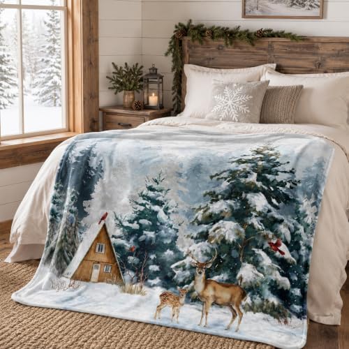 Winter Deer Throw Blanket, Snow Forest Flannel, 80 x 60