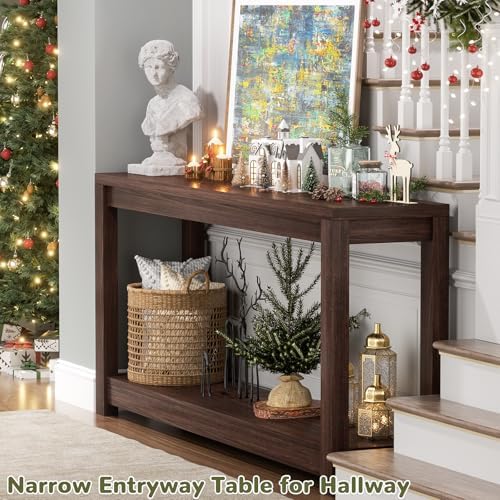 Besiost 47" Farmhouse Wood Entryway Table Narrow Console Table with Storage Behind Couch Sofa Table with Shelves Entry Way Tables with Open Storage, Easy Assembly, Black Walnut