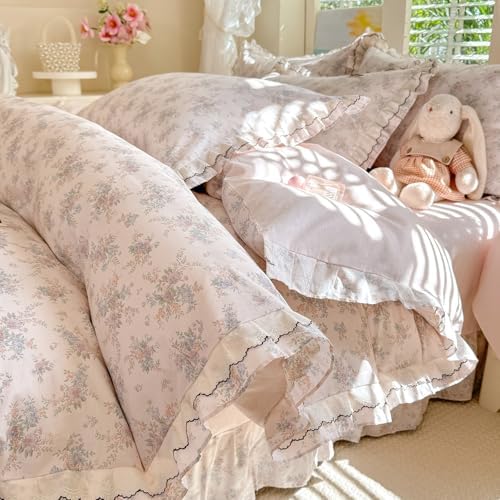 Garden Flower Duvet Cover Set Muslin Cotton Queen(90"x90"),Pink Blue